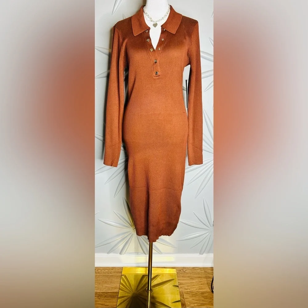 NWT Almost Famous SZ XL brown sweater dress w/long sleeves, bust 36”-46”